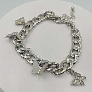 Vintage Y2K Silver Tone Chunky Curb Chain Butterfly Charm Bracelet Rhinestone